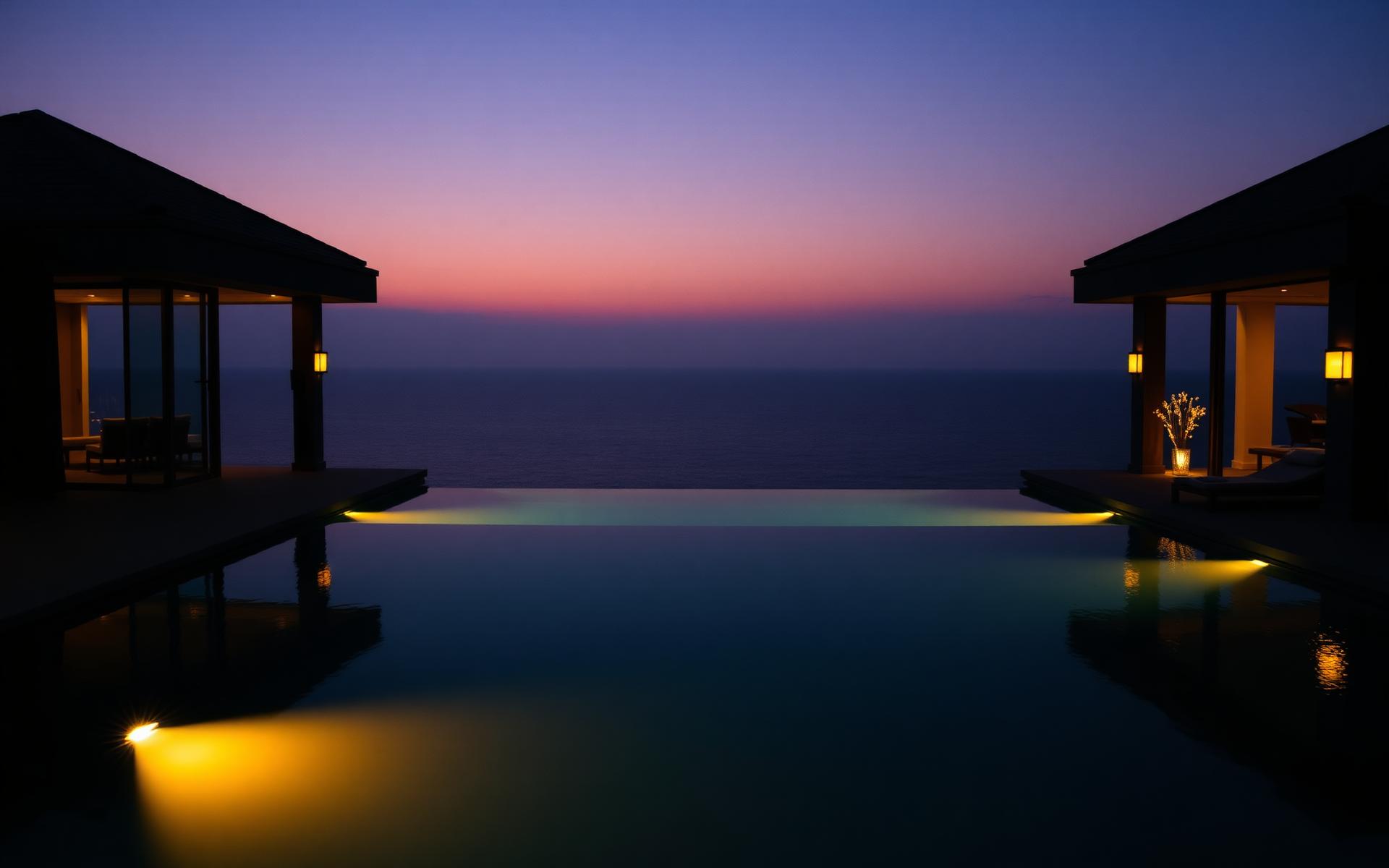 Luxury villa at dusk with infinity pool overlooking the ocean